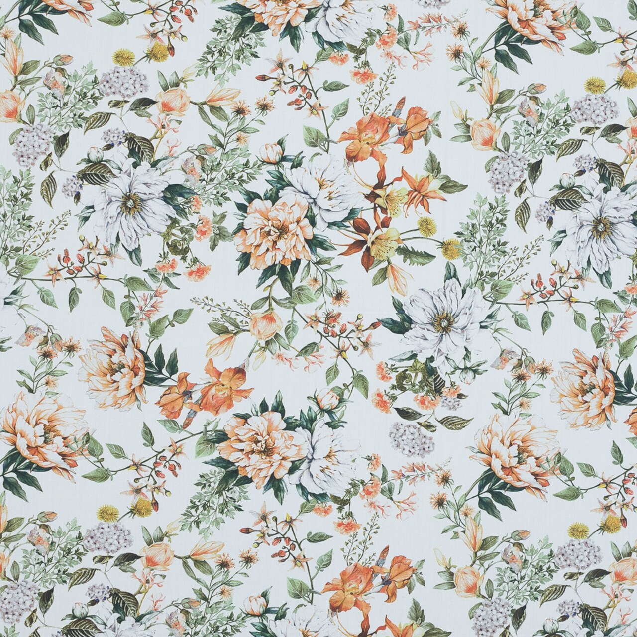 1 Yard Cotton Poplin Orange and Green Floral Les Fleurs de Lamour Print Fabric